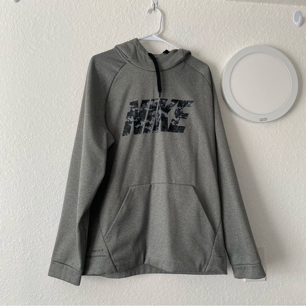 Grey Nike Dri-Fit Hoodie in Size XL with Grey Camo Detailing on Nike Logo